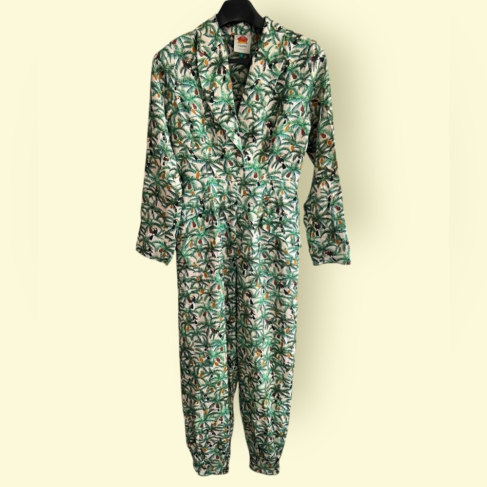 Anthropologie Farm Rio Linen Tropical Green Jumpsuit - Small - Lined - Gorgeous!